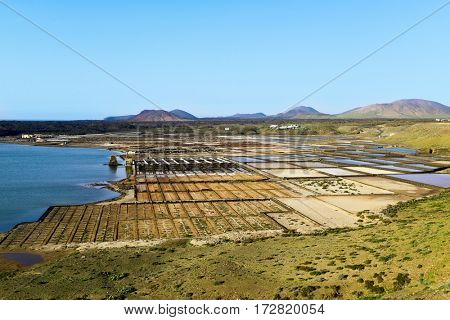 a view of the large saltwater lagoon Laguna de Janubio and the traditional saltworks, in Lanzarote, Canary Islands, Spain