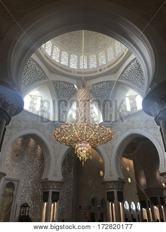 ABU DHABI, UAE-FEB 11, 2017: Sheikh Zayed Grand Mosque in Abu Dhabi, United Arab Emirates. It is the key place of worship in the UAE and may be visited by more than 40,000 people during Eid.