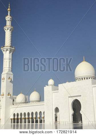 ABU DHABI, UAE-FEB 11, 2017: Sheikh Zayed Grand Mosque in Abu Dhabi, United Arab Emirates. It is the key place of worship in the UAE and may be visited by more than 40,000 people during Eid.