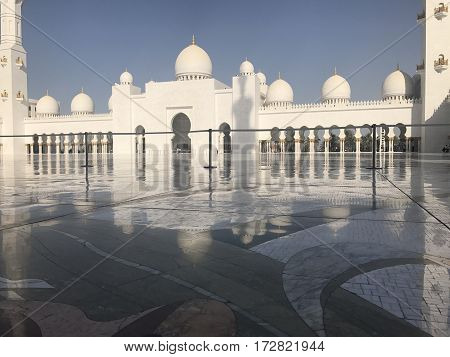 ABU DHABI, UAE-FEB 11, 2017: Sheikh Zayed Grand Mosque in Abu Dhabi, United Arab Emirates. It is the key place of worship in the UAE and may be visited by more than 40,000 people during Eid.