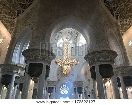 ABU DHABI, UAE-FEB 11, 2017: Sheikh Zayed Grand Mosque in Abu Dhabi, United Arab Emirates. It is the key place of worship in the UAE and may be visited by more than 40,000 people during Eid.