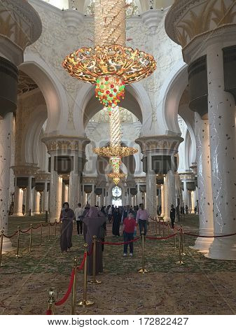 ABU DHABI, UAE-FEB 11, 2017: Sheikh Zayed Grand Mosque in Abu Dhabi, United Arab Emirates. It is the key place of worship in the UAE and may be visited by more than 40,000 people during Eid.