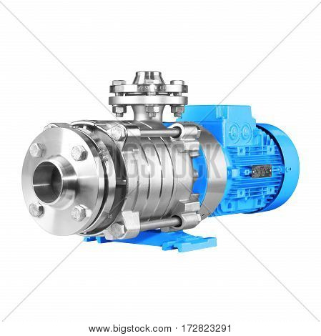Water Pump Isolated On White Background. Multiphase Wastewater Pump. Blue And Stainless Steel