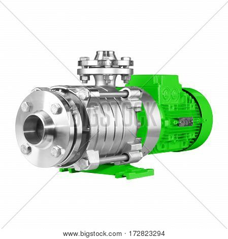 Water Pump Isolated On White Background. Multiphase Wastewater Pump. Green And Stainless Steel
