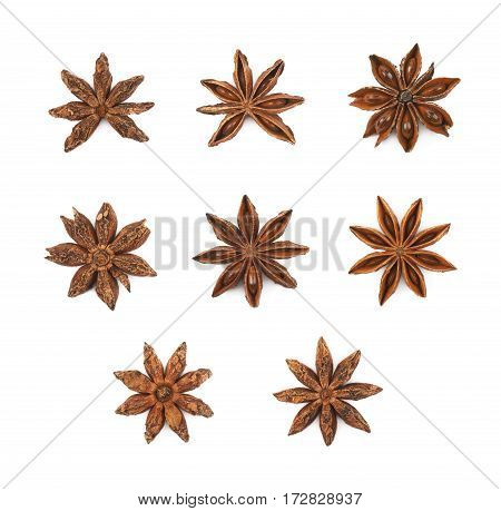 Single Chinese star anise seed isolated over the white background, set of eight different foreshortenings