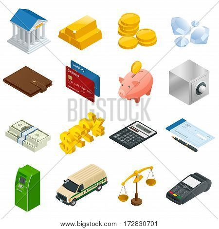 Isometric Business and Finance Icons. Flat 3d isometric illustration. For infographics and design.