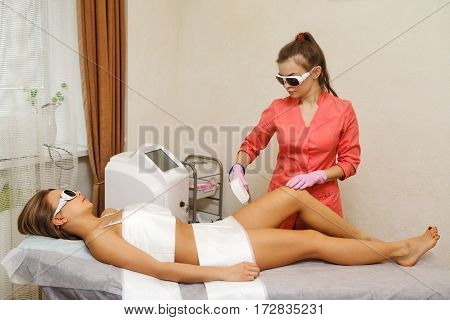Laser epilation hip girl. Hardware cosmetology. Cosmetic procedures. Spa.