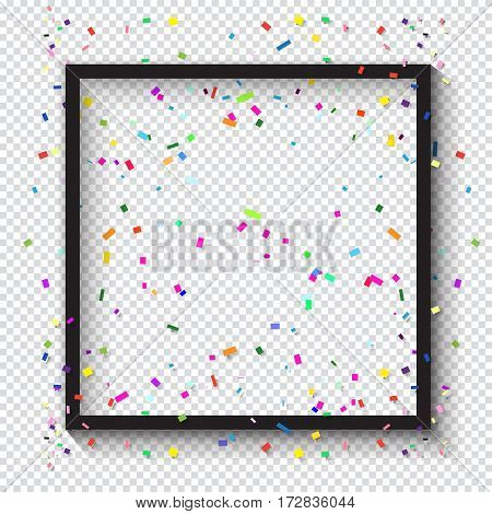 Black picture frame and confetti. Colorful confetti background. Carnival festive background. Birthday Holiday pattern Vector illustration