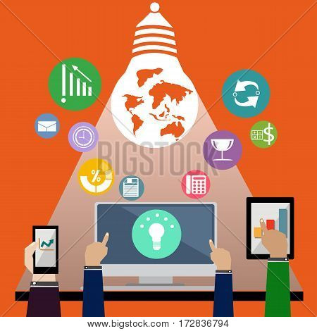 Vector business icons with hand touch phone tablet and computer