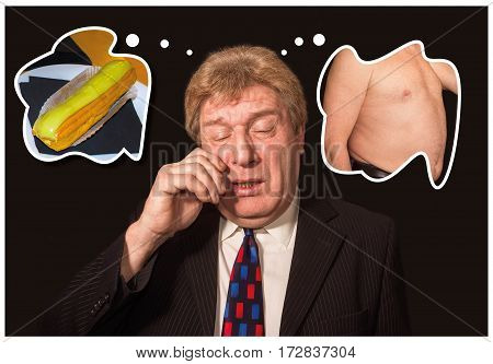 The collage about health, diet and food concept - man sorry for the thick stomach due to eating cakes