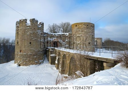Medieval Russian fortress Koporye, cloudy February day. Leningrad region, Russia