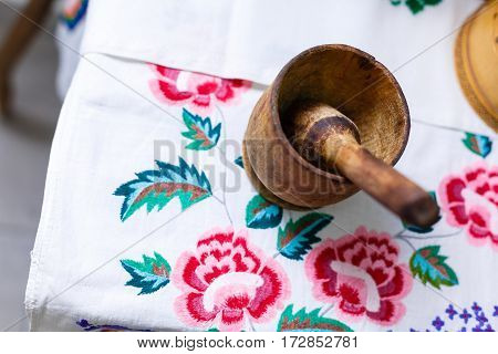 Wooden Mortar And Pestle Isolated On White Background