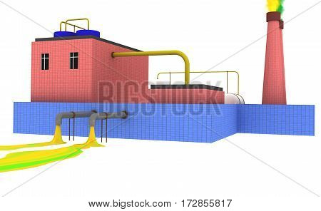 Chemical plant polluting the environment. 3D render.