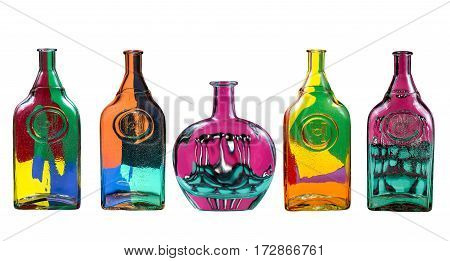 Five glass bottles with an abstract pattern on a white background