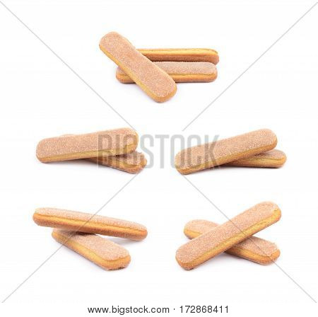 Couple of ladyfinger savoiardi biscuit cookies, composition isolated over the white background, set of five different foreshortenings