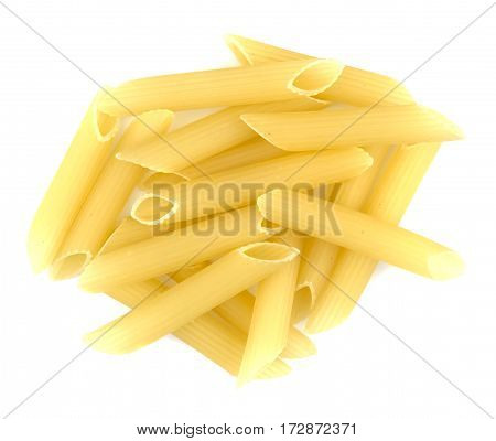 A portion of penne pasta isolated on white
