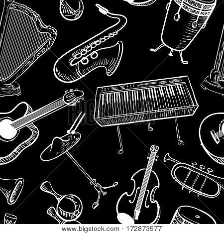 Musical instruments doodle vecto rseamless pattern. Cute line art simply illustration with harp saxophone trumpet piano percussion violin. Music background