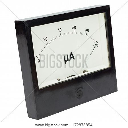 Black square analog ampermeter isolated on white background with 102 uA reading on scale.