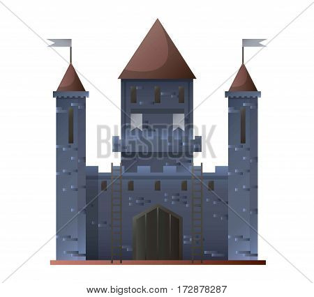 Ancient grey castle isolated in flat design on white. Vector illustration of fortress built of grey stones with brown triangular roofs and two small symbolic flags. Old building type for living
