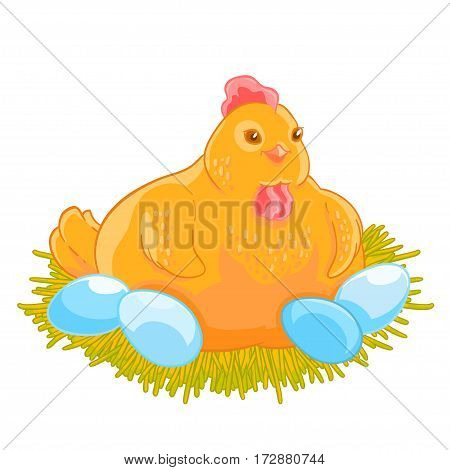 The yellow hen incubates the eggs in the nest. Vector illustration isolated on white background.