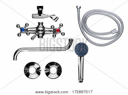 Set of parts for a bathroom faucet isolated on a white background.