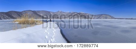 Frozen lake Nohur Gabala Azerbaijan nature backdrop