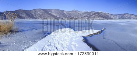 Frozen lake Nohur Gabala Azerbaijan nature backdrop