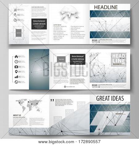 Set of business templates for tri fold square design brochures. Leaflet cover, abstract flat layout, easy editable vector. DNA and neurons molecule structure. Medicine, science, technology concept. Scalable graphic.
