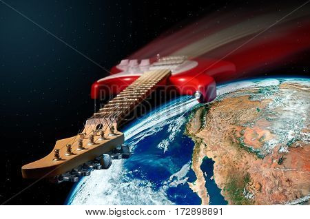 Red electric guitar flying in cosmic space. Elements of this image furnished by NASA.