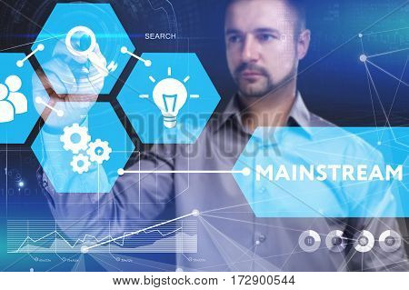 Business, Technology, Internet And Network Concept. Young Businessman Shows The Word On The Virtual