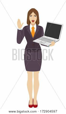 Businesswoman holding a laptop notebook and greeting someone with his hand raised up. Full length portrait of businesswoman in a flat style. Vector illustration.
