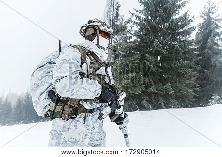 Winter arctic mountains warfare. Action in cold conditions. Trooper with weapons in forest somewhere above the Arctic Circle. Profile, side view