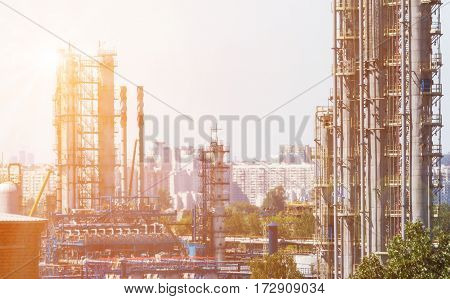 Close up of Moscow oil refinery in Kapotnya district with heat haze optical effect