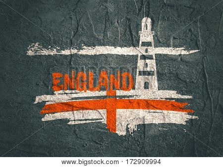 Lighthouse on brush stroke seashore. Clouds line with retro airplane icon. England country name text.Concrete textured