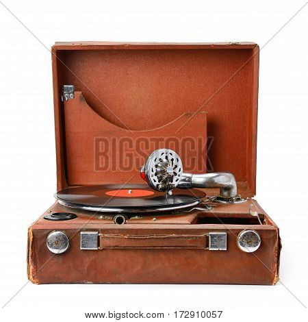 old gramophone and vinyl record isolated on white background