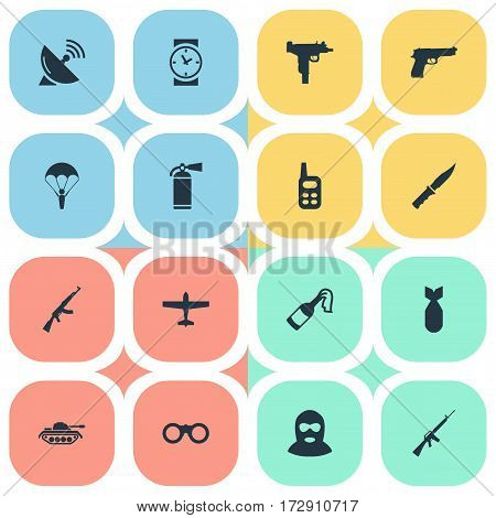 Set Of 16 Simple Terror Icons. Can Be Found Such Elements As Heavy Weapon, Paratrooper, Firearm And Other.