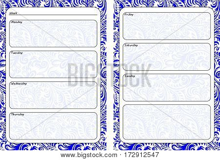 Set of pages template for daily planner. Printable for scrapbooking. Blue openwork ornament design. Part 3. Page for every day in week notes. Vector illustration.