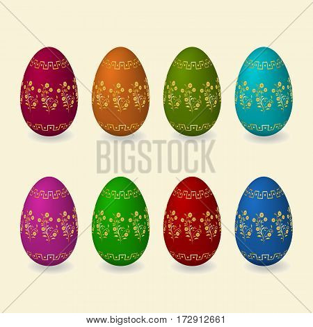 Set Easter golden eggs with flowers butterfly leaves geometric ornament. Vector illustration.