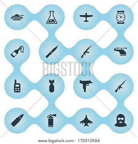 Set Of 16 Simple Battle Icons. Can Be Found Such Elements As Firearm, Walkies, Sky Force And Other.