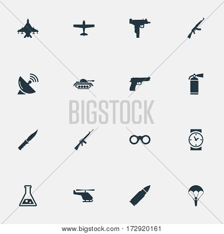 Set Of 16 Simple War Icons. Can Be Found Such Elements As Extinguisher, Chemistry, Rifle Gun And Other.