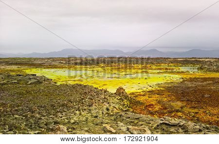 Panorama inside Dallol volcanic crater in Danakil depression Afar Ethiopia
