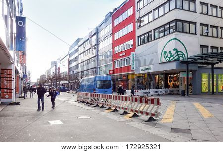 SAARBRUCKEN, GERMANY - January 17, 2017: street view of Saarbrucken, is the capital and largest city of the state of Saarland. January 17, 2017 in Saarbrucken, Germany