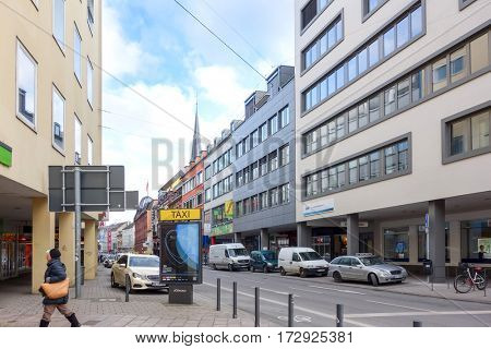 SAARBRUCKEN, GERMANY - January 17, 2017: street view of Saarbrucken, is the capital and largest city of the state of Saarland. January 17, 2017 in Saarbrucken, Germany