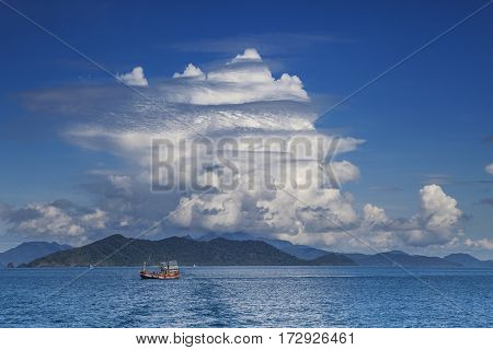 fishery boat and blue sky white cloud koh chang trad thailand