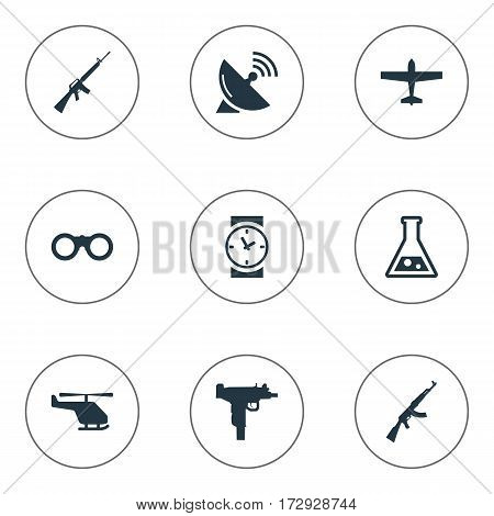 Set Of 9 Simple Military Icons. Can Be Found Such Elements As Field Glasses, Signal Receiver, Chemistry And Other.