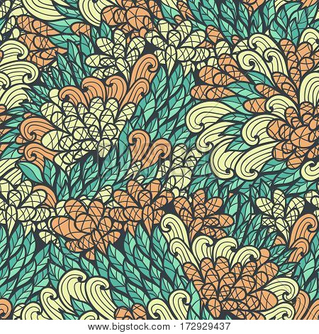 Seamless floral vinage orange and blue hand drawn doodle pattern