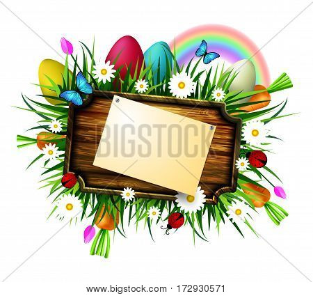 Happy Easter wooden board with pined paper on a loan with flowers blue butterflyes easter eggs carrots and ladybug
