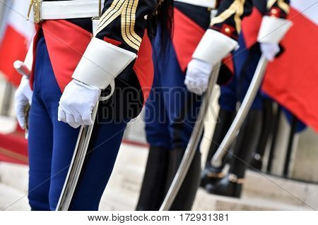 Detail with republican guards of honor during a welcome ceremony