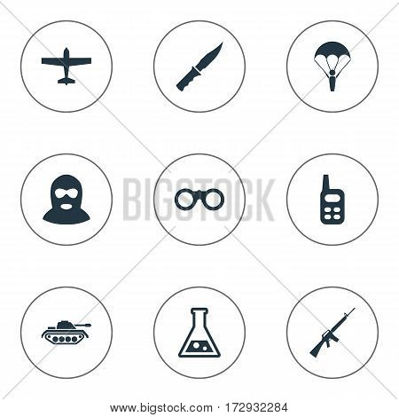 Set Of 9 Simple Military Icons. Can Be Found Such Elements As Field Glasses, Terrorist, Heavy Weapon And Other.