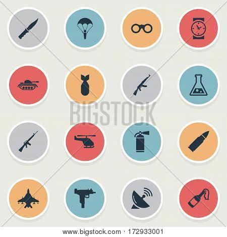 Set Of 16 Simple Army Icons. Can Be Found Such Elements As Extinguisher, Sky Force, Watch And Other.